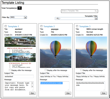 MMS Template Listing
